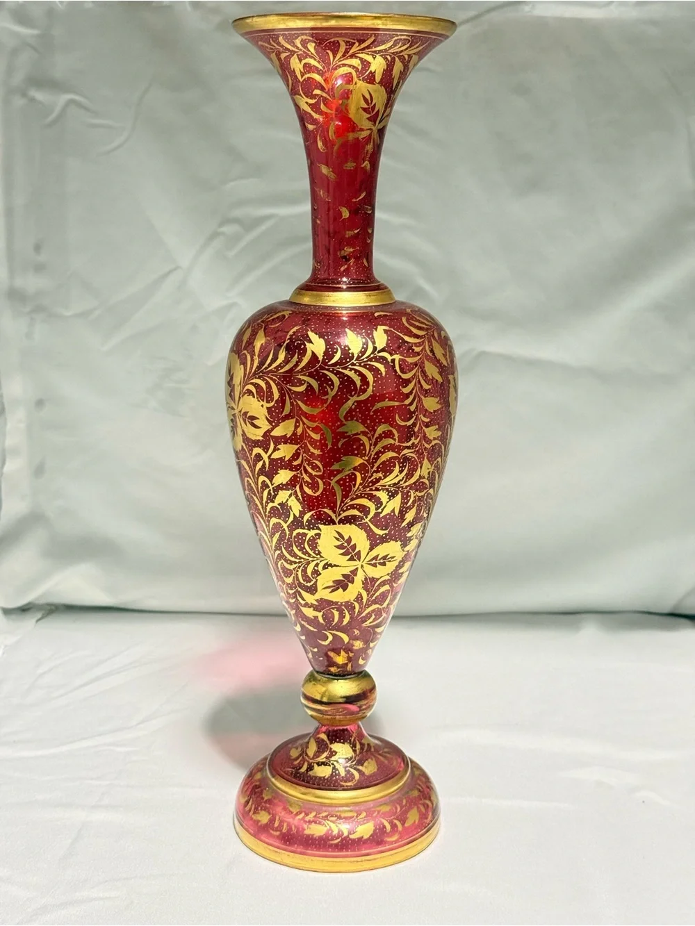 Antique 15.5” Bohemian Cranberry Glass Vase - Hand Painted Portrait & Gold Gilt - Picture 4 of 9